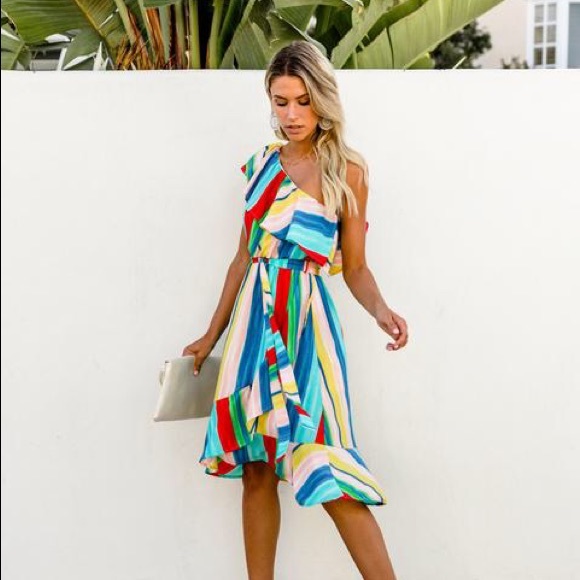 Vici Dresses & Skirts - Rainbow Striped One Shoulder Dress